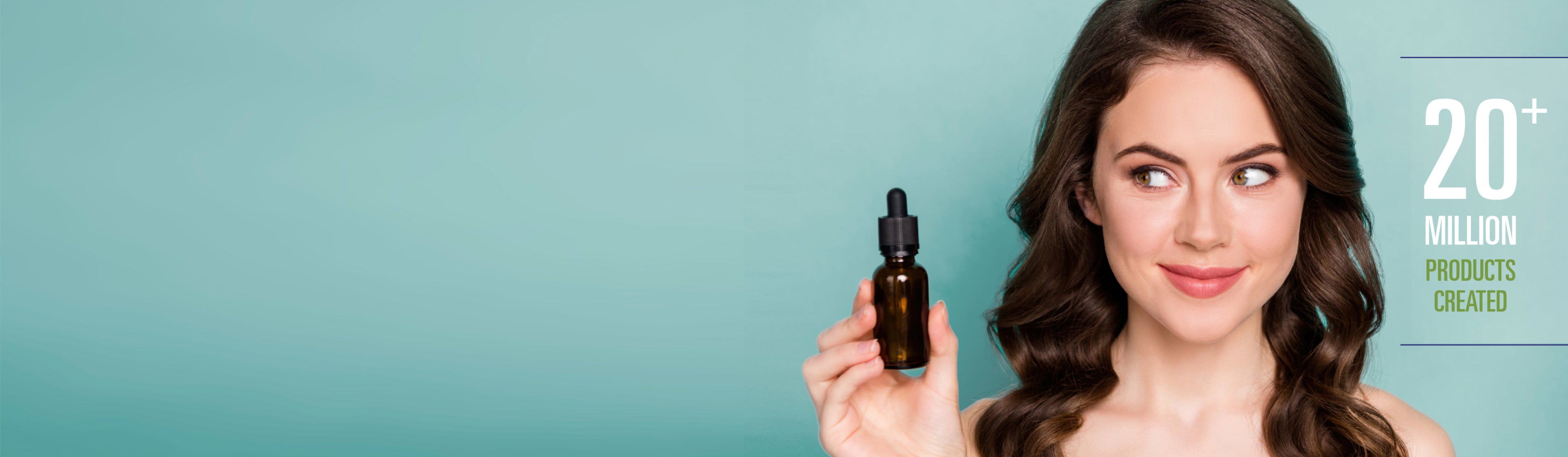 A person holding a blank cosmetic bottle with a banner that reads: 20+ Million Products Created